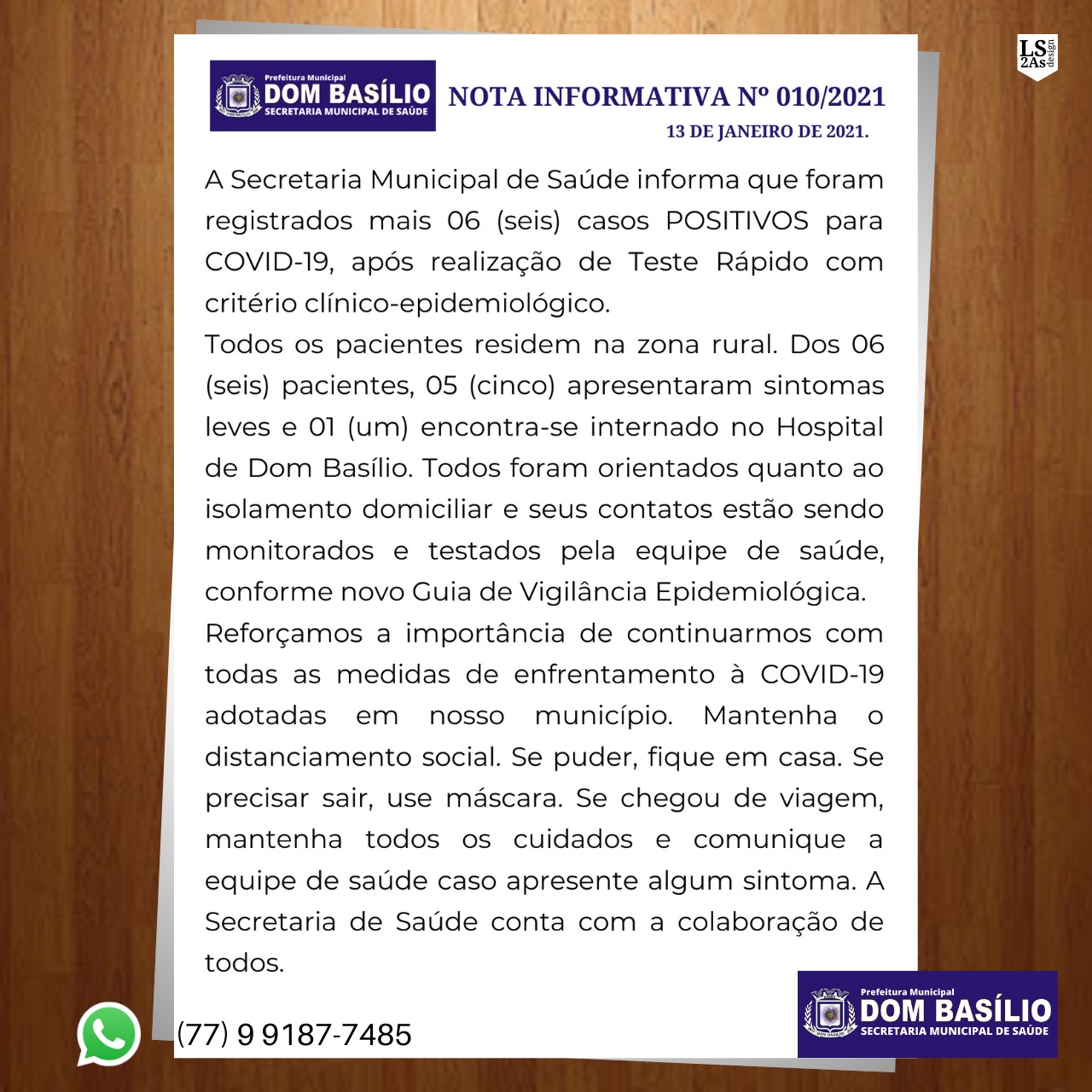 Boletim Covid-19 em Dom Basílio (13/01)