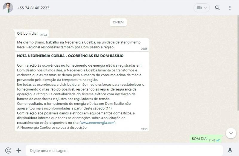 Dom Basílio: Após entrevista na rádio sobre qualidade da energia, Coelba se pronuncia